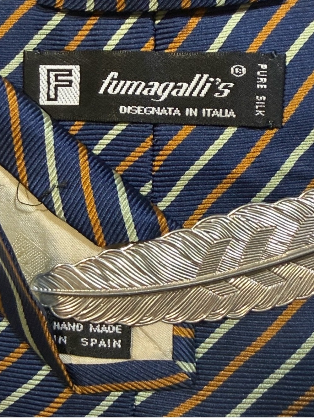 Fumagalli’s Silk Repp Stripe Tie Italy Spain Navy Silver Copper-Gold 4” x 57”